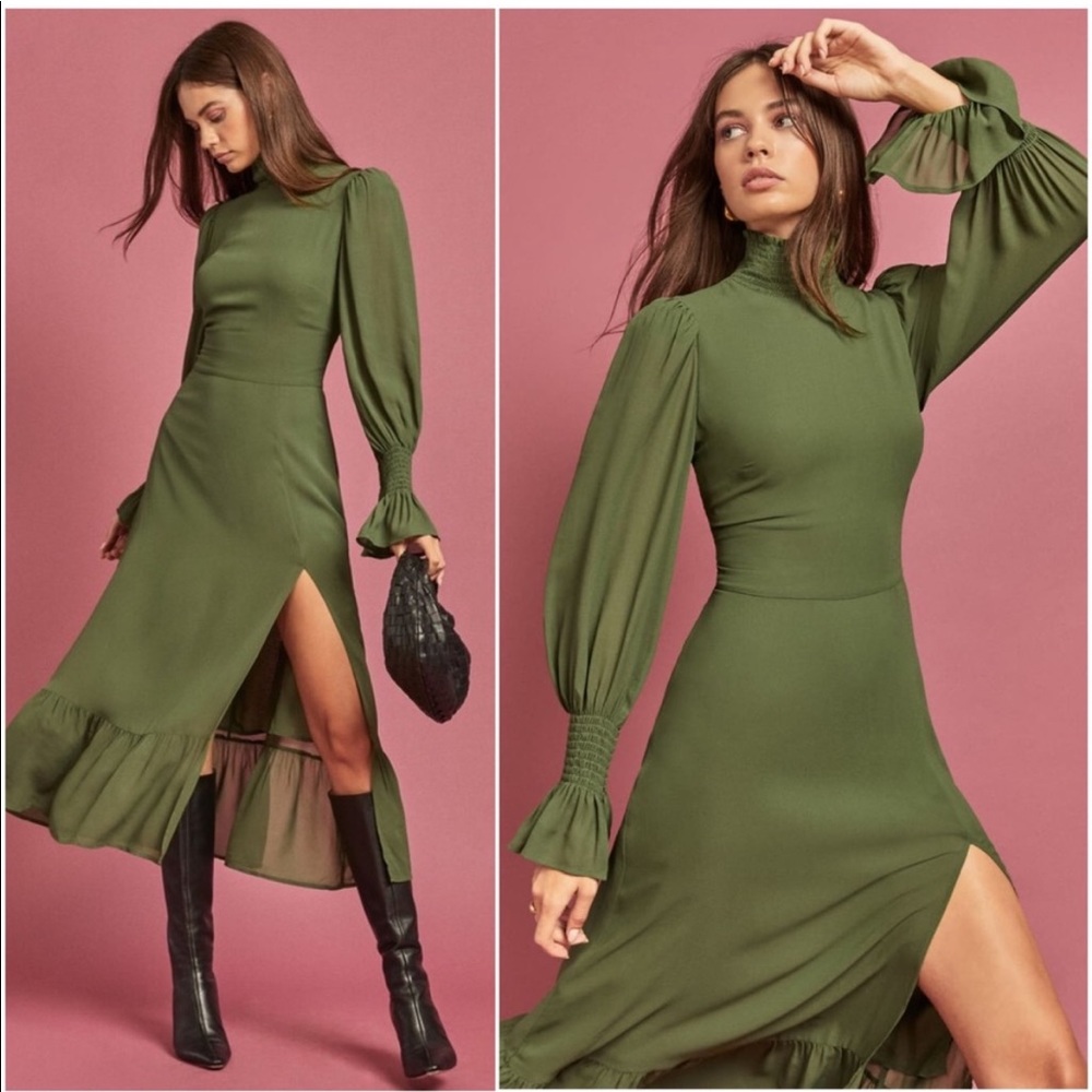 Reformation Galena Dress Moss Green Midi Long Sleeve Smocked Mock 12 NWT!